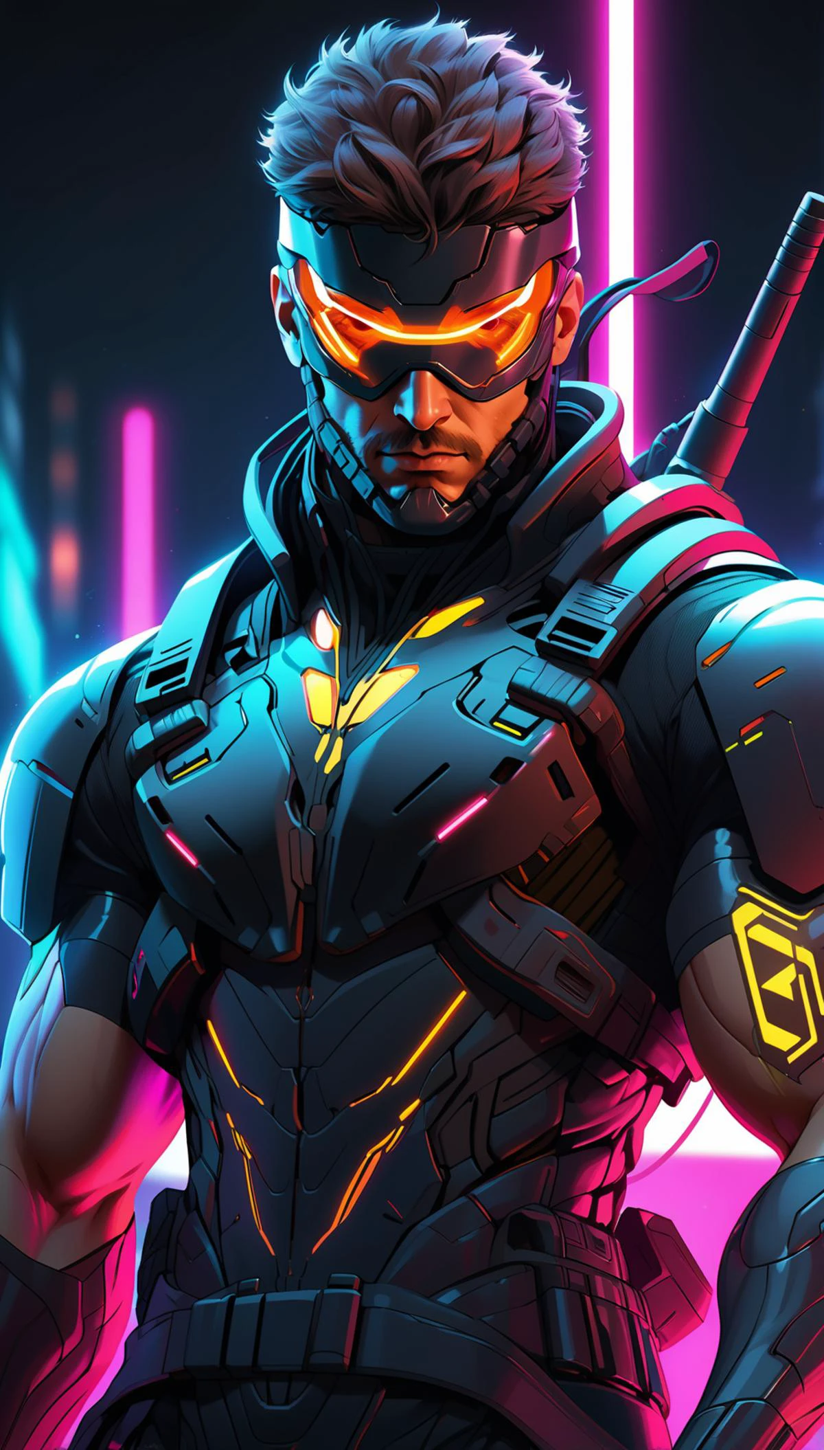 1 solid snake, in a cyberpunk outfit 3/4 portrait, synthwave, liquid smoke, art by Annibale Carracci . Futuristic, dystopian, metallic, neon