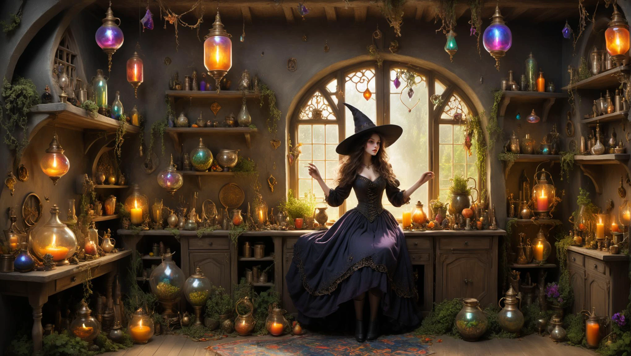 Generate a vivid description of a young witch woman dancing with joy and enchantment within her whimsical home. As she twirls and weaves intricate spells adding a touch of whimsy in the most mesmerizing fashion. The scene is steeped in a sense of fantasy and wonder, with vivid and colorful details accentuating the magical atmosphere.
Choose from a range of additional activities and scenes to further transport the reader into this realm of magical whimsy and intricate charm, where the impossible becomes delightfully real. Explore her magical home as she engages in brewing potions .
Her skin is portrayed with meticulous attention, revealing every pore and nuance in vivid and vibrant colors, reflecting the chosen mood of the scene. The description should envelop the reader in a world where every corner of her magical home teems with enchantment, where even the most whimsical desires are granted life with a touch of her magic.
(photorealism, photorealistic, detailed faces, intricate details, 8k)
<lora:add-detail-xl:2> <lora:sdxl_offset_example_v10:1> <lora:xl_more_art-full_v1:1>