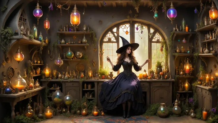 Generate a vivid description of a young witch woman dancing with joy and enchantment  within her whimsical home. As she twirls and weaves intricate spells adding a touch of whimsy in the most mesmerizing fashion. The scene is steeped in a sense of fantasy and wonder, with vivid and colorful details accentuating the magical atmosphere.
Choose from a range of additional activities and scenes to further transport the reader into this realm of magical whimsy and intricate charm, where the impossible becomes delightfully real. Explore her magical home as she engages in brewing potions .
Her skin is portrayed with meticulous attention, revealing every pore and nuance in vivid and vibrant colors, reflecting the chosen mood of the scene. The description should envelop the reader in a world where every corner of her magical home teems with enchantment, where even the most whimsical desires are granted life with a touch of her magic.
(photorealism, photorealistic, detailed faces, intricate details, 8k)
<lora:add-detail-xl:2> <lora:sdxl_offset_example_v10:1> <lora:xl_more_art-full_v1:1>