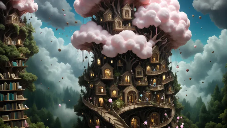 Imagine a peculiar world where the chocolate rain falls from cotton candy clouds .
In this whimsical world, anything is possible, and the unexpected is a daily occurrence.
Tell a tale about a curious character in this world who stumbles upon an expedition through a forest of sentient bookshelves.
The character's adventures in this world are filled with whimsy and surprises at every turn, making the ordinary extraordinary and the extraordinary even more bizarre.
(photorealism, photorealistic, detailed faces, intricate details, 8k)
<lora:add-detail-xl:2> <lora:sdxl_offset_example_v10:1> <lora:xl_more_art-full_v1:1>