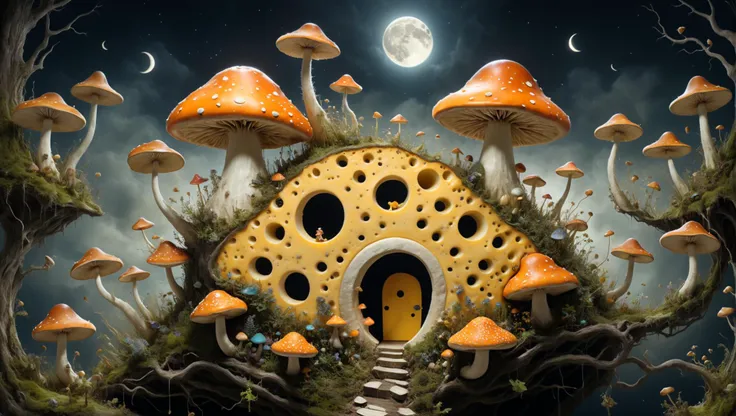 Imagine a peculiar world where the the moon is made of cheese and inhabited by cheese-loving aliens .
In this whimsical world, anything is possible, and the unexpected is a daily occurrence.
Tell a tale about a curious character in this world who stumbles upon an attempt to solve the mystery of the singing mushrooms .
The character's adventures in this world are filled with whimsy and surprises at every turn, making the ordinary extraordinary and the extraordinary even more bizarre.
(photorealism, photorealistic, detailed faces, intricate details, 8k)
<lora:add-detail-xl:2> <lora:sdxl_offset_example_v10:1> <lora:xl_more_art-full_v1:1>