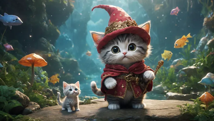 Visualize a cute animal, a sweet kitten  adorably dressed as a fantasy character. This little adventurer embarks on a journey through a fantastical world, filled with wonder and enchantment.
The cute animal is adorned in a wizard's robe and hat .
As the adventure unfolds, your imagination is the limit. Choose the setting for this adventure from a fantastical, underwater world .
The cute animal's adventure could include befriending legendary heroes and receiving their guidance .
This charming journey weaves together the endearing presence of the cute animal with the grandeur of a fantasy adventure, creating a captivating and heartwarming tale that celebrates the spirit of discovery and courage in the face of the unknown
(photorealism, photorealistic, detailed faces, intricate details, 8k)
<lora:add-detail-xl:2> <lora:sdxl_offset_example_v10:1>   <lora:xl_more_art-full_v1:0.5>