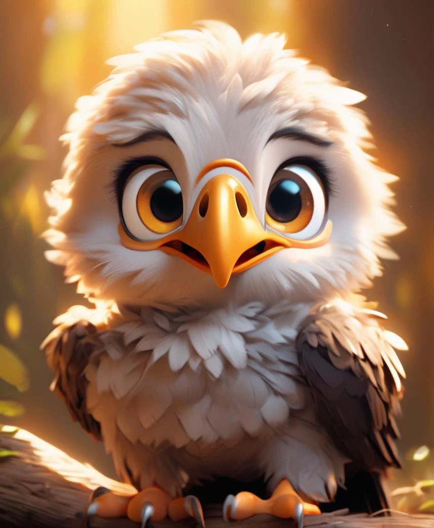 chibi pixar art, art, cute chibi eagle, portret of cute cibi eagle, beatiful detailed yelloweyes, big luminous eyes, smile, soft light, intricate, detailed fur, soothing tones, low contrast, soft cinematic light, cold rim lighting