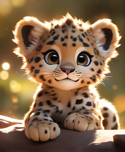 chibi pixar art,  art, cute chibi leopard, portret of cute cibi baby leopard, beatiful detailed eyes, big luminous eyes, smile, soft light,  intricate,  detailed fur,  soothing tones,  low contrast, soft cinematic light, cold rim lighting