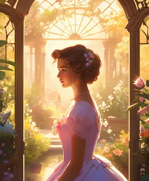 fixl-art, epic game art, a french garden, gorgeous soft lighting, the jewelpunk aesthetic, half body, elegant face, by kinkade and el dorado, sapphic art, demure