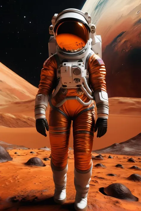 a woman wearing a tight and sexy orange astronaut suite standing on mars , a planet coming in, from behind , high quality 3d render
