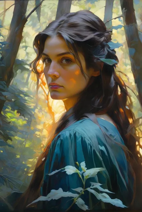 epic realistic, (dark shot:1.4), 80mm, Create a portrait of a woman with long, dark hair. She has a mysterious expression, gazing at the viewer with a slight tilt of her head. She is simply dressed, with an arm wrapped around a tree branch that also resembles a brain cell. The background features a forest of blue, impressionistic leaves, with an eerie white light shining through and a gradient shadow on the top part of the woman's face. Use a backlighting effect to add depth to the image. impressionistic painting style, john singer sarget, anders zorn, blue pallette, wider show with more background and forest, (natural skin texture, hyperrealism, soft light, sharp:1.2), soft light, sharp, exposure blend, medium shot, bokeh, (hdr:1.4), high contrast, (cinematic, teal and orange:0.85), (muted colors, dim colors, soothing tones:1.3), low saturation, (hyperdetailed:1.2), (noir:0.4), (intricate details:1.12), hdr, (intricate details, hyperdetailed:1.15), faded, (neutral colors:1.2), art, (hdr:1.5), (muted colors:1.1), (pastel:0.2), hyperdetailed, (artstation:1.4), warm lights, dramatic light, (intricate details:1.2), vignette, complex background, rutkowski,