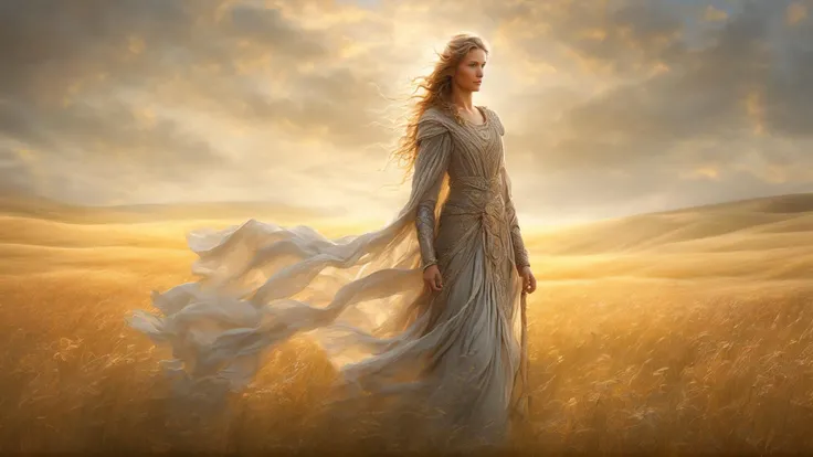 full body portrait,
1girl, the goddess Freya standing in the fast fields of folkvang,
beautiful face,
masterpiece, intricate details, very detailed, high quality, dramatic light,dreamlike, ethereal,