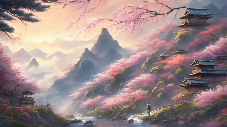 (wide angle:1.4),
from side,
(gorgeous black woman,
long braided hair,
large blue eyes, beautiful eyes,
beautiful face, chiseled jaw,
dark skin, muscular body,
traditional japanese clothes, ribbon,
holding flowers),
petals blowing in the wind,
standing next to a small creek on a mountain, surrounded by colorful flowers and trees,
masterpiece, very detailed, high quality, traditional japanese art style,
