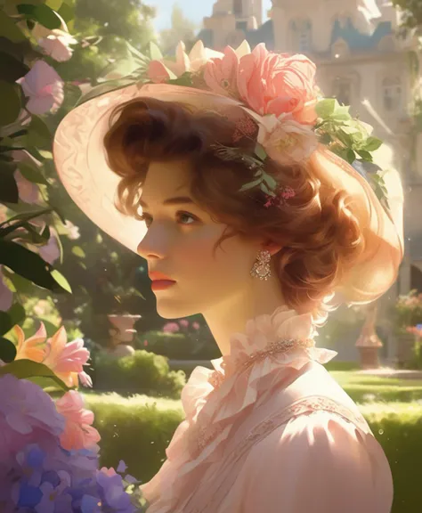 fixl-art, epic game art, a french garden, gorgeous soft lighting, the jewelpunk aesthetic, half body, elegant face, by kinkade and el dorado, sapphic art, demure