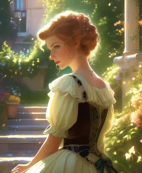 fixl-art, epic game art, half body, elegant face, sapphic art, a french garden, gorgeous soft lighting, the jewelpunk aesthetic, by kinkade