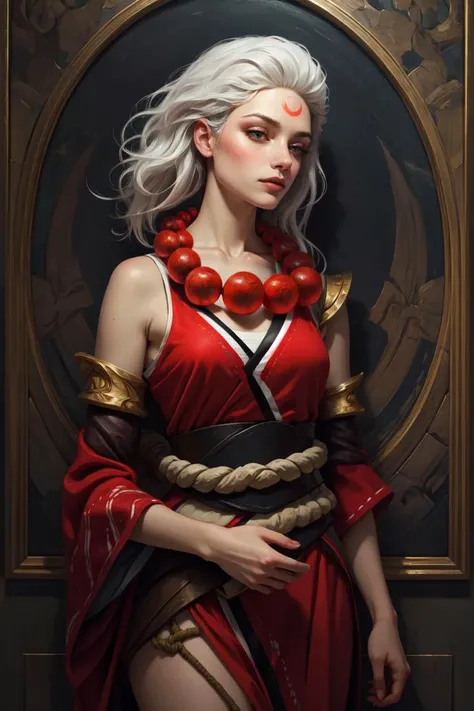 (impasto paintings:1.2),cowboy shot ,realistic, best quality, masterpiece, realistic ,<lora:more_details:0.3>,<lyco:GoodHands-beta2:1>, <lora:Diana_LOL-000012:1>, blood moon diana, 1girl, kimono, bead necklace, rope, detached sleeves, bare shoulders, white hair, <lyco:GPTS4 dreamwave full_478773:0.5>