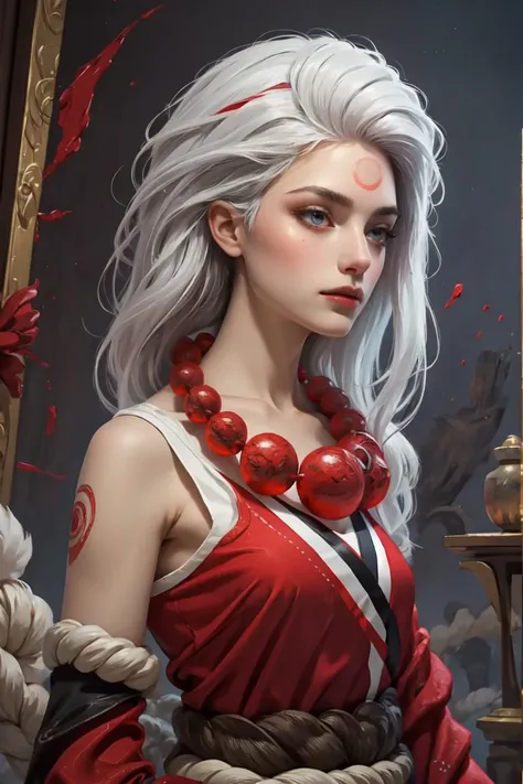 (impasto paintings:1.2),realistic, best quality, masterpiece, realistic ,<lora:more_details:0.3>,<lyco:GoodHands-beta2:1>,   blood moon diana, 1girl, kimono, bead necklace, rope, detached sleeves, bare shoulders, white hair, <lyco:GPTS4 dreamwave full_478773:0.5>  cinematic pose,<lora:Diana_LOL-000012:1>,  <lora:mix4:0.6>