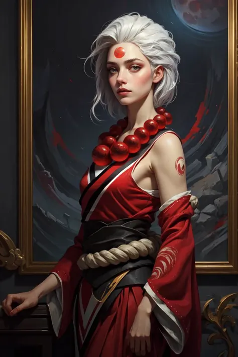 (impasto paintings:1.2),realistic, best quality, masterpiece, realistic ,<lora:more_details:0.3>,<lyco:GoodHands-beta2:1>, blood moon diana, 1girl, kimono, bead necklace, rope, detached sleeves, bare shoulders, white hair, <lyco:GPTS4 dreamwave full_478773:0.5> cinematic pose,<lora:Diana_LOL-000012:1>,