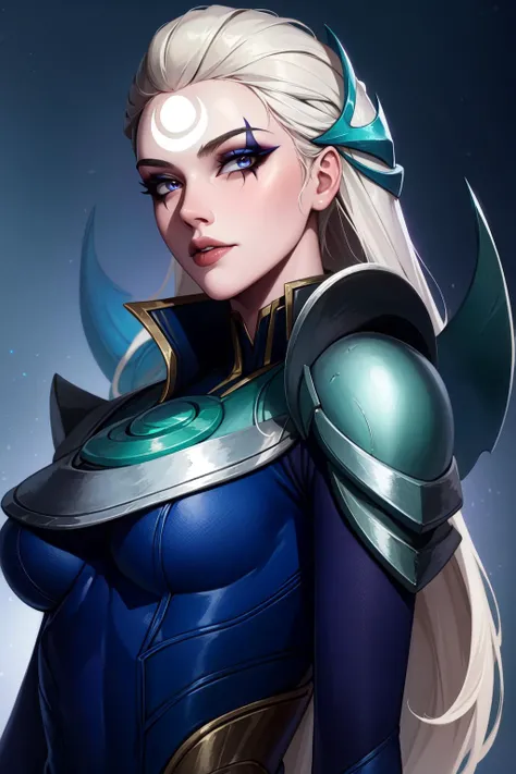 (Masterpiece:1.4), (best quality:1.2), <lora:Diana_LOL-000012:1>, diana \(league of legends\), 1girl, bodysuit, armor, hair ornament, makeup