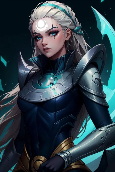 (Masterpiece:1.4), (best quality:1.2), <lora:Diana_LOL-000012:1>, diana \(league of legends\), 1girl, bodysuit, armor, makeup, upper body