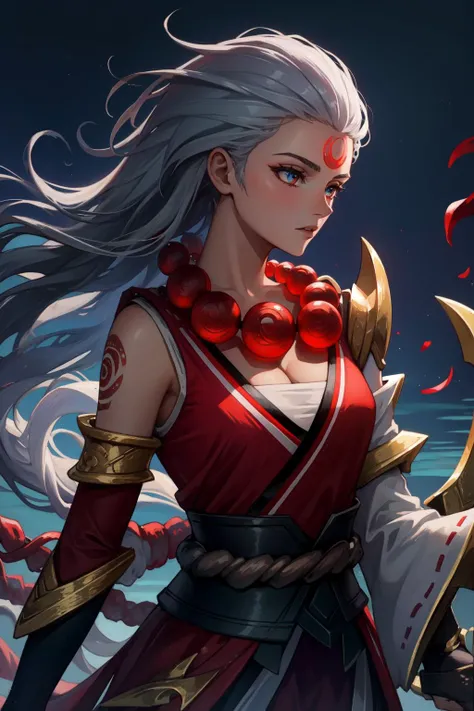 (Masterpiece:1.4), (best quality:1.2), <lora:Diana_LOL-000012:1>, blood moon diana, 1girl, kimono, bead necklace, rope, detached sleeves, bare shoulders, cleavage, white hair, upper body