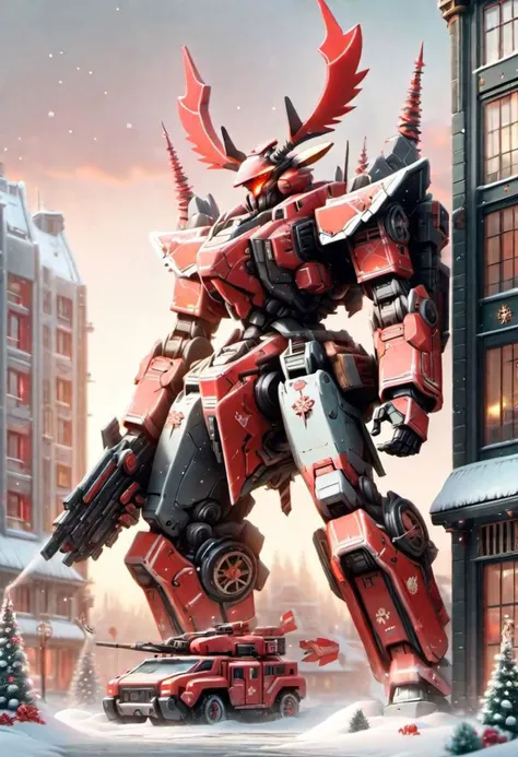 MechanicusStyleAI, SnowStyle, red mecha, tall, raindeer head, raindeer horn, big cannons, in city, christmas decorations on buildings, snowing, red sky, christmas trees, pastel aesthetic.