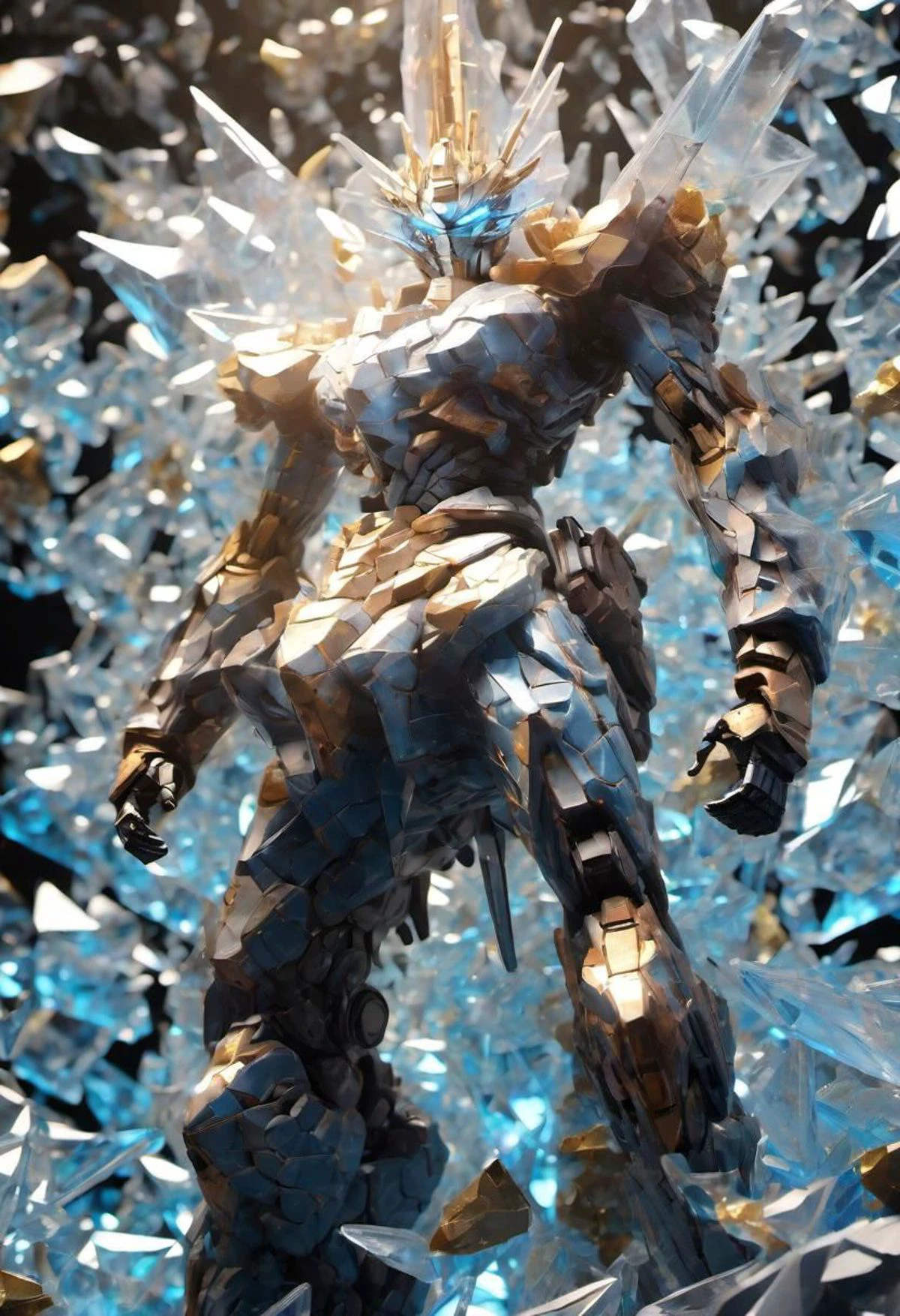 Made_of_pieces_broken_glass, (Style-EMCG:1.0) (Style-DoF:1.6), 8K, GUNDAM, dynamic pose, 10 heads tall, depth of field
