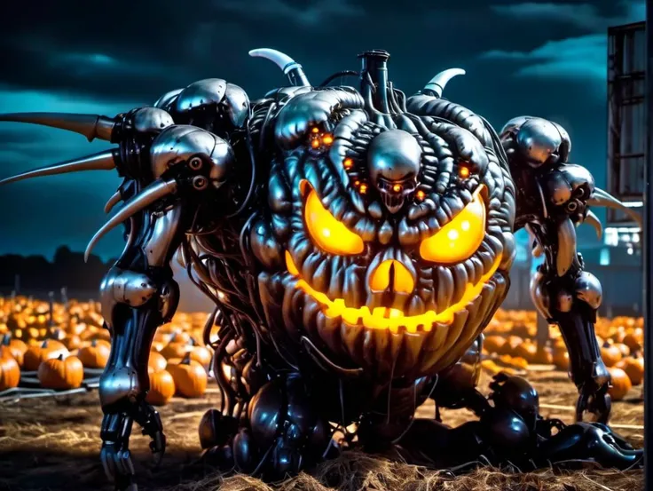 biomechanical cyberpunk, <lora:fx-monsters-xl-meatsack:0.8> realistic photo of a large fx-monsters-xl-meatsack halloween pumpkin with ghost glowing eyes and mouoth, in the pumpkin field at mid-night, cybernetics, human-machine fusion, dystopian, organic meets artificial, dark, intricate, highly detailed