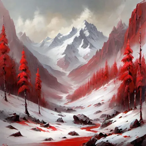 masterpiece, best quality, redice, red glacier, mountain, red theme