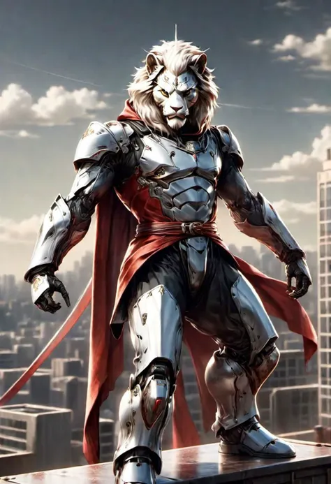 ral-cigarette, 8K, Cyborg Warrior, Solo, Anthropomorphic White Lion face, 10 heads tall, red costume, ninja, red cloak, metropolis, night, jump from the rooftop towards the city, midair, Dynamism, Cut the wind, The surrounding scenery is blurry, depth of field