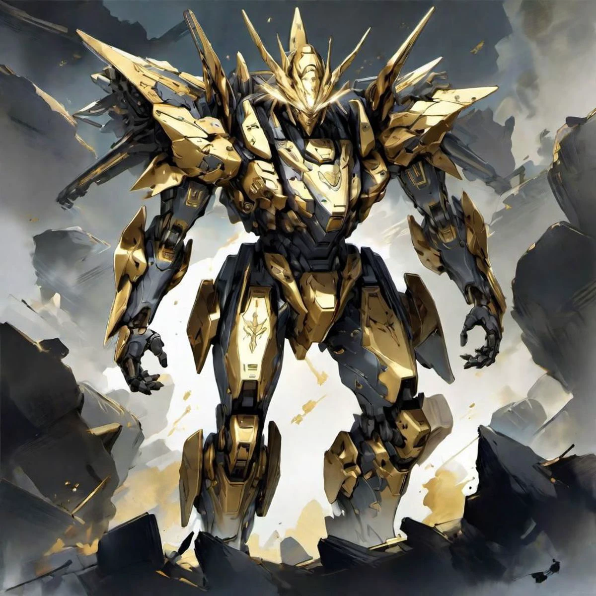 ((masterpiece)), 8k, highly detailed, gold and black, An illustration of five star stories mecha standing, full heml, heroic pose, art by Mamoru Nagano and James Jean, yoji shinkawa style, featured on pixiv, rayonism, breath of the wild, official art, 2d game art, concept art, hands free, heavy armor