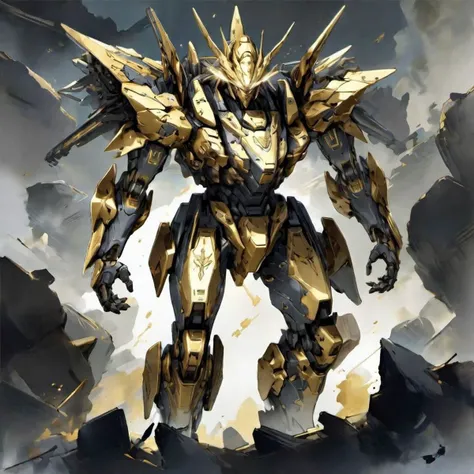 ((masterpiece)), 8k, highly detailed, gold and black, An illustration of five star stories mecha standing, full heml, heroic pose, art by Mamoru Nagano and James Jean, yoji shinkawa style, featured on pixiv, rayonism, breath of the wild, official art, 2d game art, concept art, hands free, heavy armor