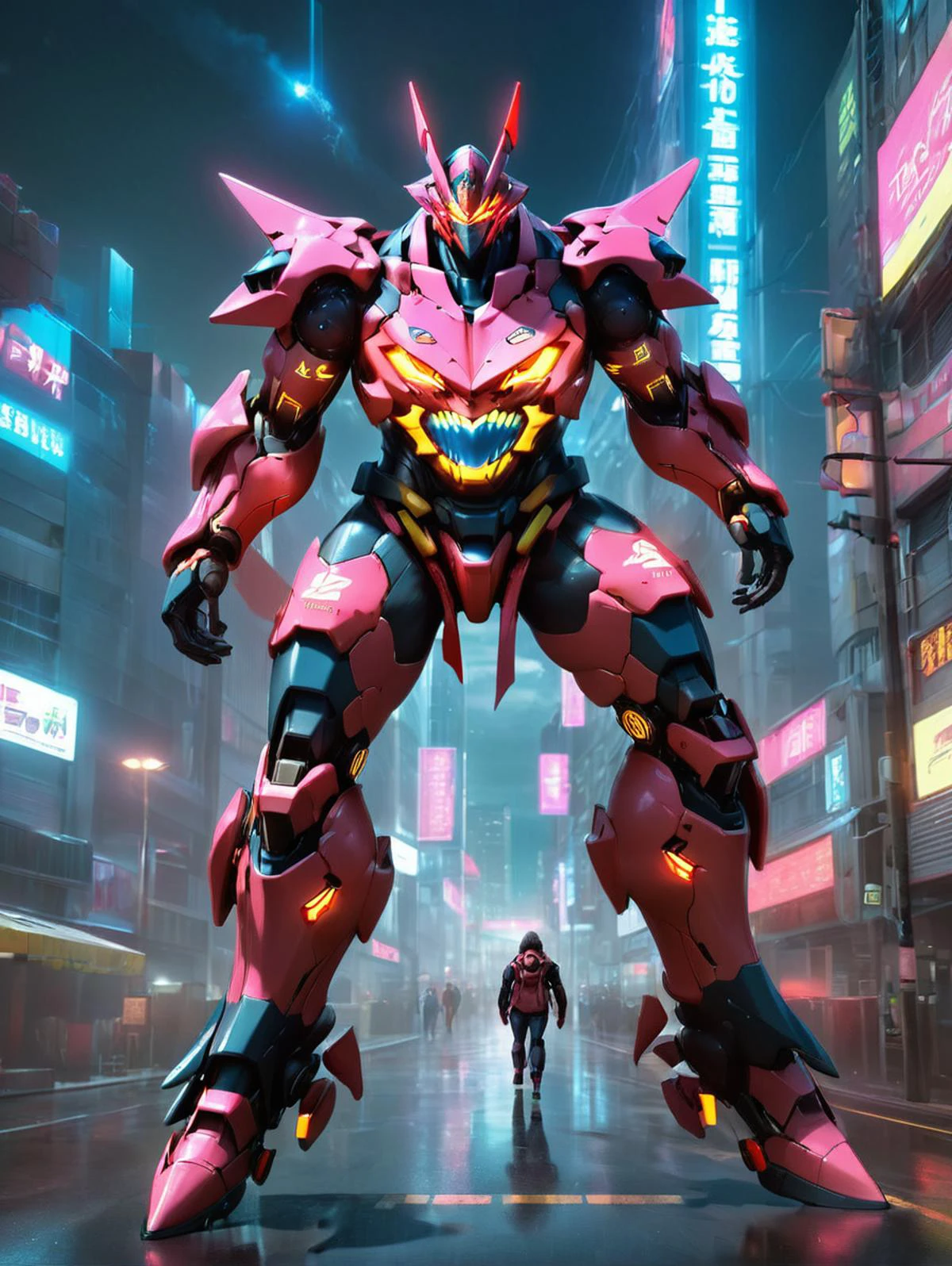 cyberpunk style, advertising poster style, a Gurren_Lagann \(Tengen_Toppa_Gurren_Lagann\) patroling around outside of cyberpunk 2077 nightcity, xingtian, eyes in nipples, mouth in belly, natural light, Adobe Light front view, solo, sfw, (walking pose:1.2), Professional, modern, product-focused, commercial, eye-catching, highly detailed, full body <lora:XTGhost:1>, neon, dystopian, futuristic, digital, vibrant, detailed, high contrast, reminiscent of cyberpunk genre
