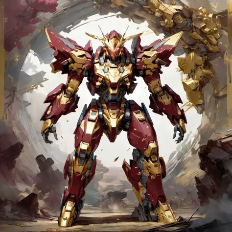 ((masterpiece)), 8k, highly detailed, gold and maroon, An illustration of five star stories mecha standing, full heml, heroic pose, art by Mamoru Nagano and James Jean, yoji shinkawa style, featured on pixiv, rayonism, breath of the wild, official art, 2d game art, concept art, hands free, heavy armor, cloak