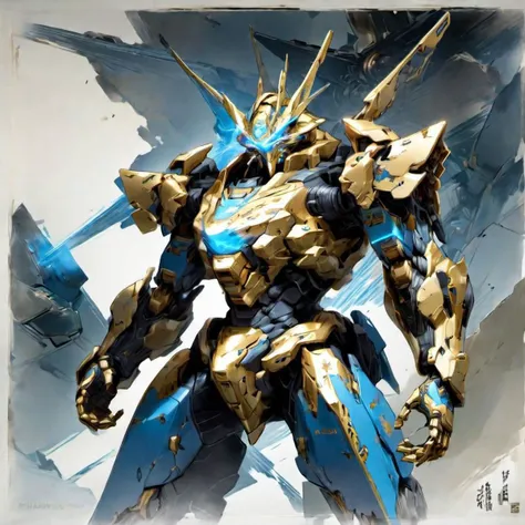 ((masterpiece)), 8k, highly detailed, gold and blue, An illustration of five star stories mecha standing, full heml, heroic pose, art by Mamoru Nagano and James Jean, yoji shinkawa style, featured on pixiv, rayonism, breath of the wild, official art, 2d game art, concept art, hands free, heavy armor