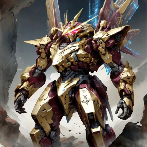 ((masterpiece)), 8k, highly detailed, gold and maroon, An illustration of five star stories mecha standing, full heml, heroic pose, art by Mamoru Nagano and James Jean, yoji shinkawa style, featured on pixiv, rayonism, breath of the wild, official art, 2d game art, concept art, hands free, heavy armor, cloak
