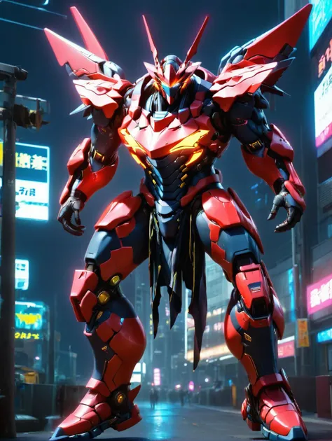 cyberpunk style, advertising poster style, a red Gurren_Lagann \(Tengen_Toppa_Gurren_Lagann\) with yellow antenna, BREAK, patroling around outside of cyberpunk 2077 nightcity, xingtian, eyes in nipples, mouth in belly, natural light, Adobe Light front view, solo, sfw, (walking pose:1.2), Professional, modern, product-focused, commercial, eye-catching, highly detailed, full body <lora:XTGhost:1>, neon, dystopian, futuristic, digital, vibrant, detailed, high contrast, reminiscent of cyberpunk genre