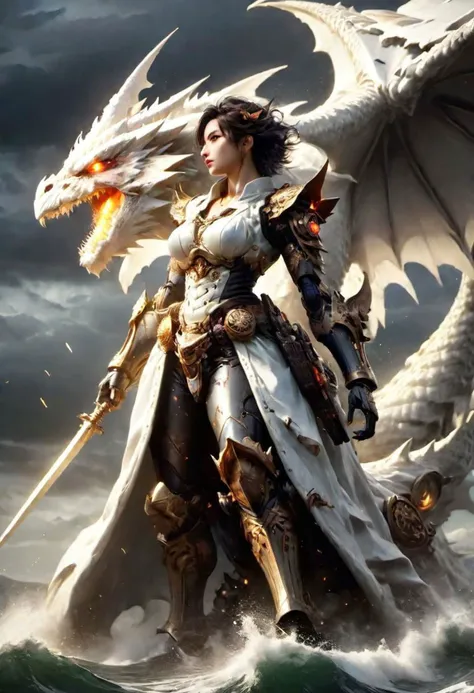 Master level work,best quality, ((best face)) ,ultra high res, (photorealistic), 
(detailed face and eyes)Close up( beautiful japan girl stand on the Giant white dragon)   has holding katanaAt the seaside, there are stormy waves and splashes everywhere.Dark clouds rain and lightning magic Tornado, disaster Rainstormwet skin, muddy, injuries, wounds, Spitfire, explosion,At the seaside, there are stormy waves and splashes everywhere.Dark clouds and lightningTornado, disaster Rainstormwet skin, muddy, injuries, wounds, Spitfire, explosion, ,