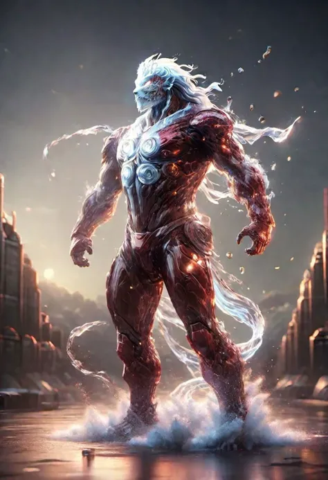 ral-cigarette, 8K, Cyborg Warrior, Solo, Anthropomorphic White Lion face, 10 heads tall, red costume, ninja, red cloak, metropolis, night, jump from the rooftop towards the city, midair, Dynamism, Cut the wind, The surrounding scenery is blurry, depth of field