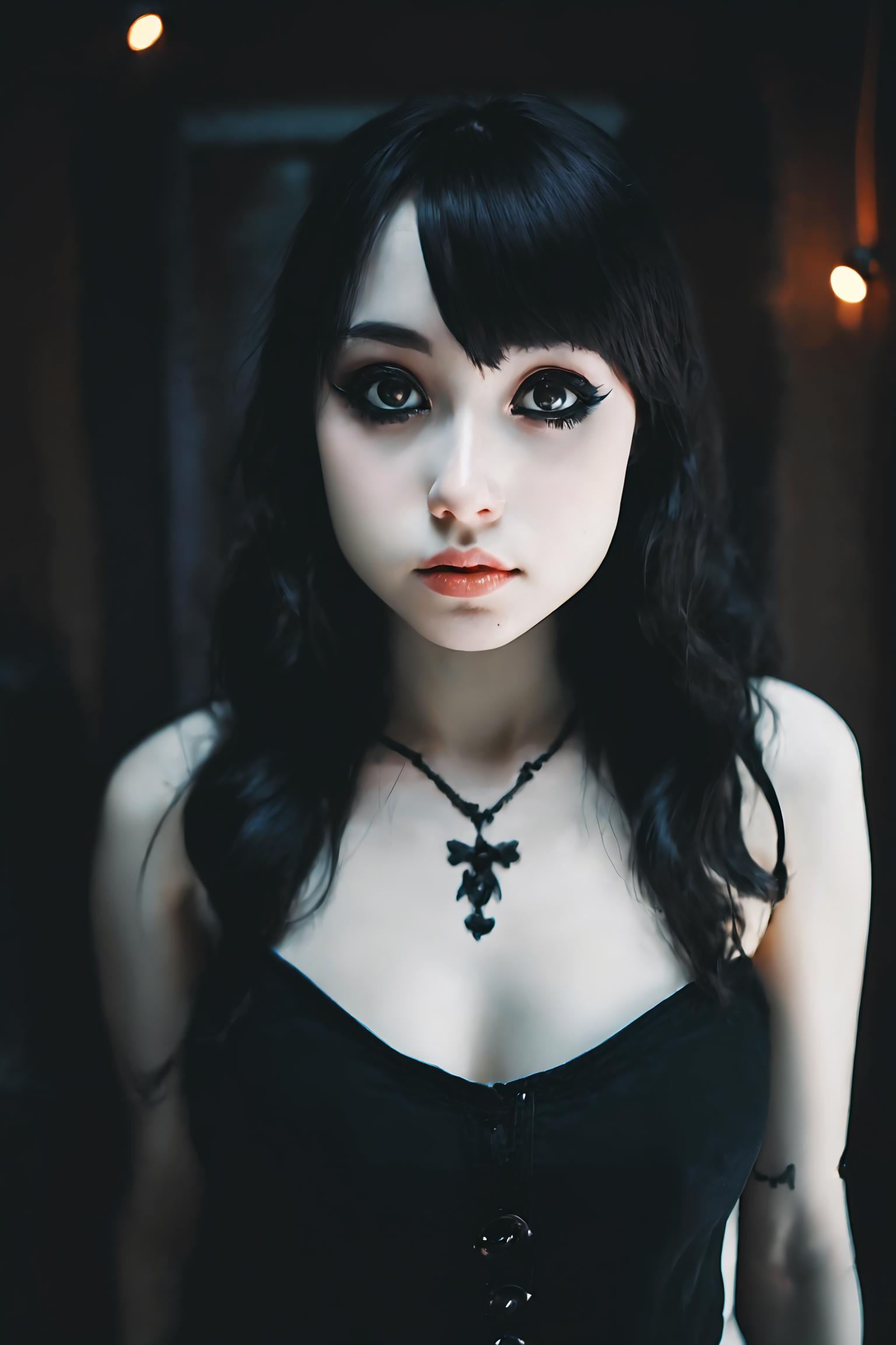 A close up of a woman with a black dress and a necklace - SeaArt AI