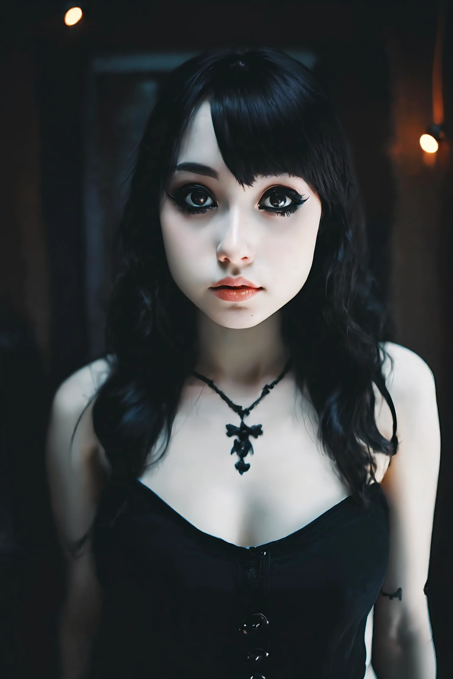 masterpiece, best quality, 1girl, <lora:kwFemale_Beta40-SDXL_v1:1>,
a cute topless petite goth woman, pale white skin, Brightly Lit, Highly Visible, realistic dark colors, Analog Style,Kodak Max 400 Film, 20mm f/1.8 lens, Wide Angle Shot, Symmetrical Composition, Whimsical yet Numb, Quirky Character Designs, Dollhouse Aesthetics,dark background,silhouette,spotlight,dark theme,