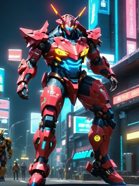 cyberpunk style, advertising poster style, a red Gurren_Lagann \(Tengen_Toppa_Gurren_Lagann\) with yellow antenna, BREAK, patroling around outside of cyberpunk 2077 nightcity, xingtian,  eyes in nipples, mouth in belly, natural light, Adobe Light front view, solo, sfw, (walking pose:1.2), Professional, modern, product-focused, commercial, eye-catching, highly detailed, full body <lora:XTGhost:1>, neon, dystopian, futuristic, digital, vibrant, detailed, high contrast, reminiscent of cyberpunk genre