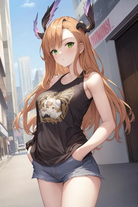 masterpiece, absurdres, perfect anatomy, 1girl, solo, Tweyen, green eyes, long hair, head wings, graphic tee, denim shorts, standing, outdoors, city, hands in pockets