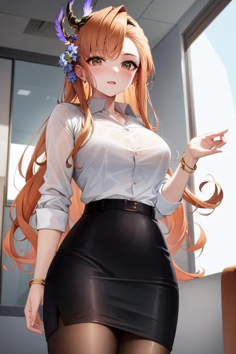 masterpiece, best quality, absurdres, perfect antomy, cowboy shot, standing, Tweyen, indoors, office, blouse, pencil skirt