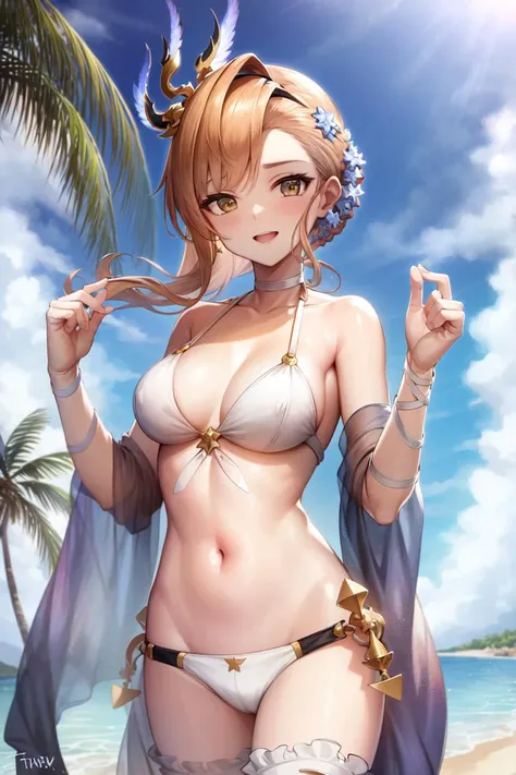 masterpiece, best quality, absurdres, perfect antomy, cowboy shot, standing, Tweyen, TweyenBikini, beach, outdoors, palm tree