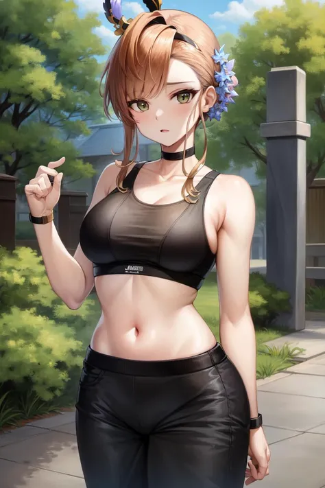 masterpiece, best quality, absurdres, perfect antomy, cowboy shot, standing, Tweyen, outdoors, yoga pants, sports bra