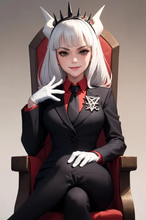 (masterpiece, best quality:1.2), solo, 1girl, luciferdef, smile, looking at viewer, sitting, crossed legs, throne, v-shaped eyebrows, formal, suit, black jacket, red shirt, black necktie, white gloves, black pants <lora:helltaker_lucifer-17:1>