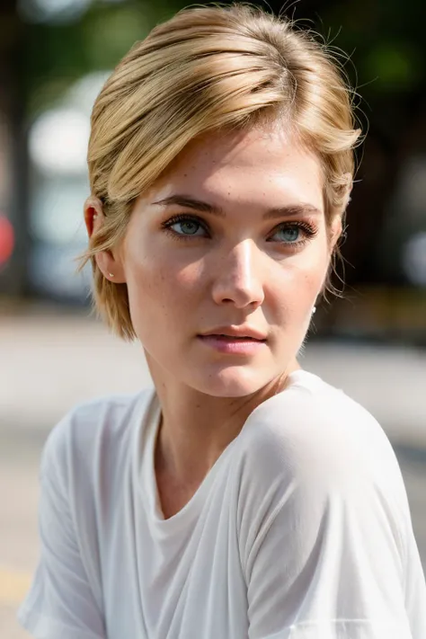 up close photoshoot of meghannFah1, (blonde hair), (pixie cut), , detailed skin texture, (blush:0.2), (goosebumps:0.3), (over size white t shirt), subsurface scattering, Photorealistic, Hyperrealistic, Hyperdetailed, analog style, hip cocked, demure, detailed skin, matte skin, soft lighting, subsurface scattering, realistic, heavy shadow, masterpiece, best quality, ultra realistic, 8k, golden ratio, Intricate, High Detail, film photography, soft focus
