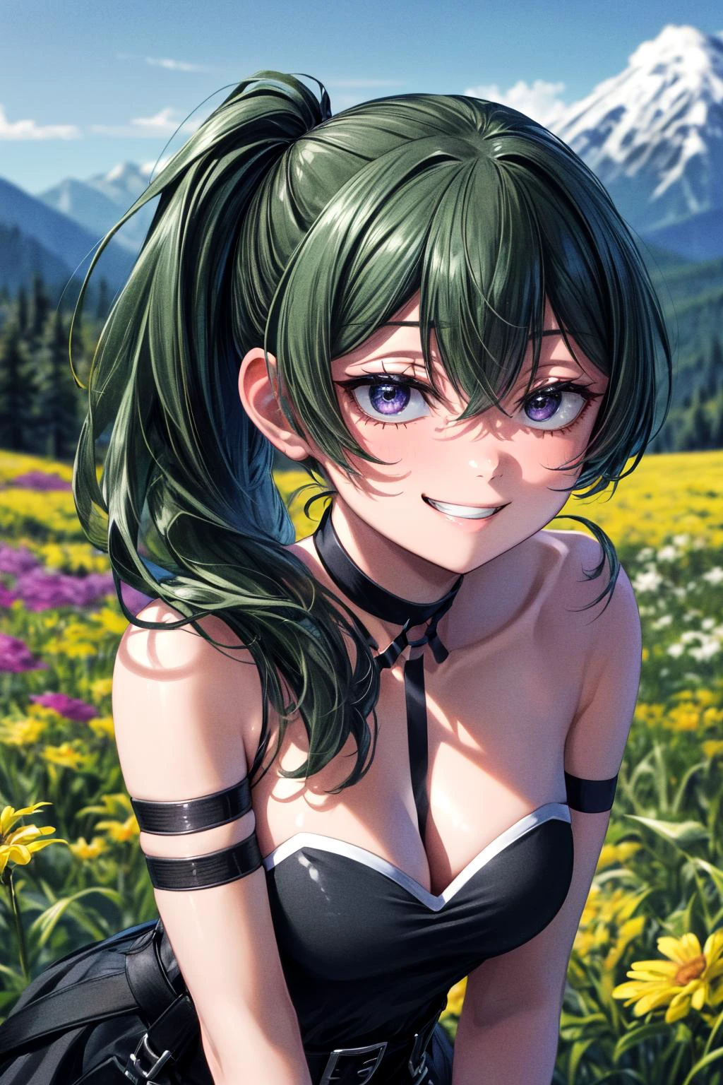 (masterpiece), best quality, (((ultra detailed, 8k quality))), expressive eyes, perfect face, perfect anatomy, perfect body, scene, <lora:scene_:0.7>, <lora:more_details:0.7>, <lora:beautiful_detailed_eyes:0.5>, <lora:give_it_a_name:0.7>, ubel, long hair, side ponytail, black dress, cleavage, belt, arm strap, single elbow glove, thigh strap, outdoors, path, mountain, sky, <lora:ubel_v1:0.8>, squat, flower field, upper body, grin