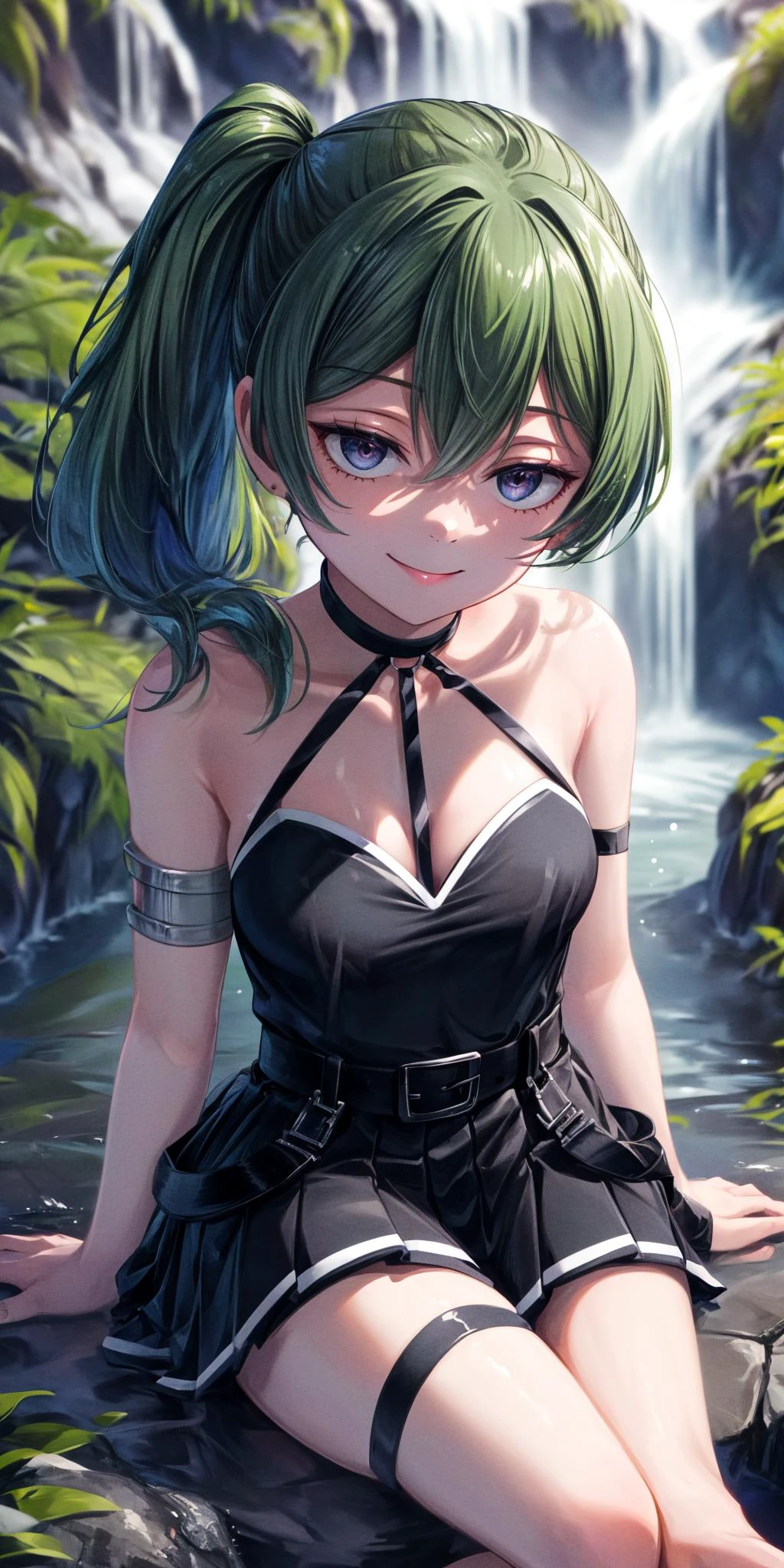 (masterpiece), best quality, (((ultra detailed, 8k quality))), expressive eyes, perfect face, perfect anatomy, perfect body, scene, <lora:scene_:0.7>, <lora:more_details:0.7>, <lora:beautiful_detailed_eyes:0.5>, <lora:GoodHands-beta2:0.7>, <lora:give_it_a_name:0.7> ,
smile, ubel, long hair, side ponytail, black dress, cleavage, belt, arm strap, single elbow glove, thigh strap, outdoors, sitting, waterfall, <lora:ubel_v1:1>