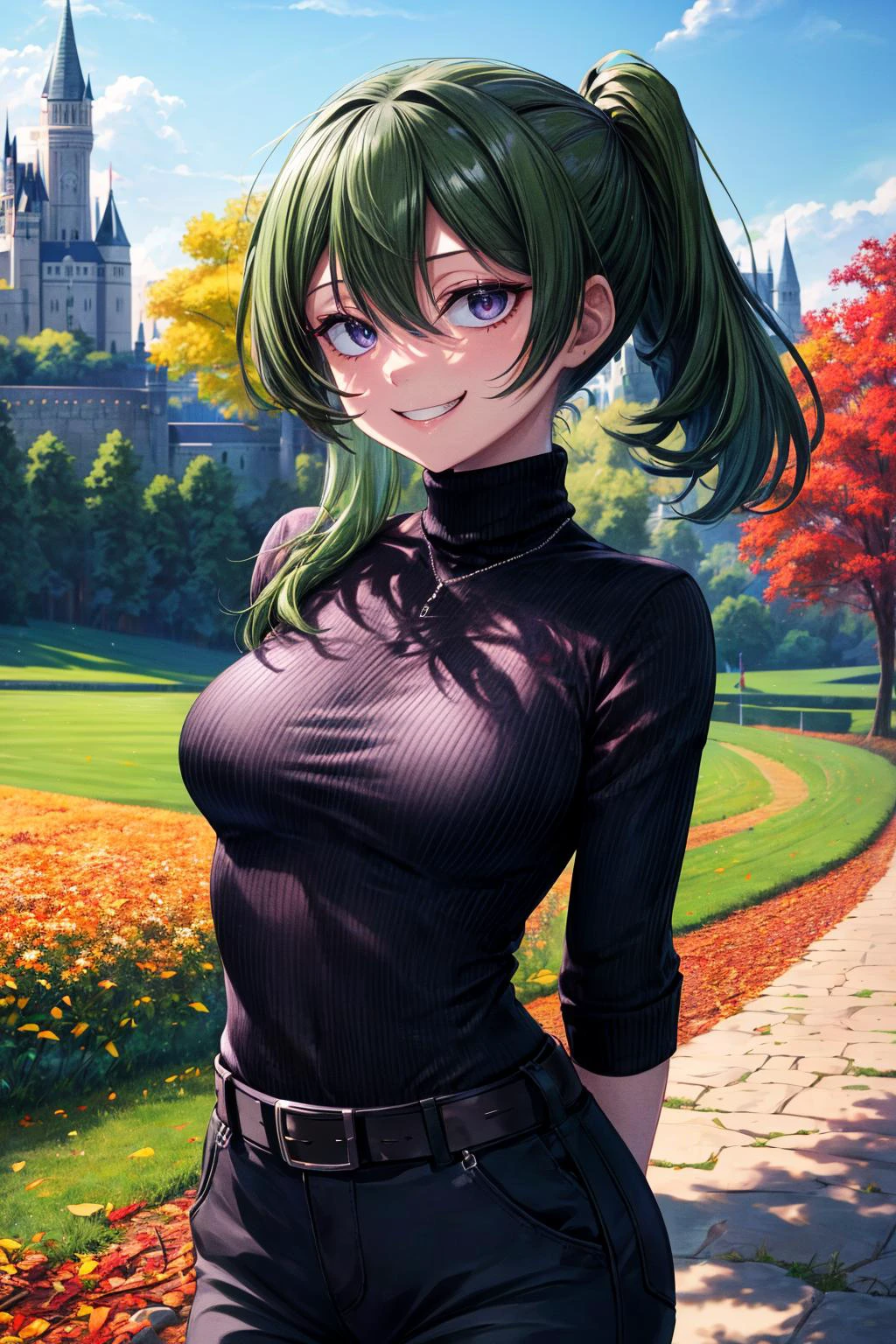 (masterpiece), best quality, (((ultra detailed, 8k quality))), expressive eyes, perfect face, perfect anatomy, perfect body, scene, <lora:scene_:0.7>, <lora:more_details:0.7>, <lora:beautiful_detailed_eyes:0.5>, <lora:GoodHands-beta2:0.7>, <lora:give_it_a_name:0.7> ,
grin, ubel, long hair, side ponytail, turtleneck sweater, pants, arms behind back, outdoors, autumn, path, field, castle, <lora:ubel_v1:0.8>