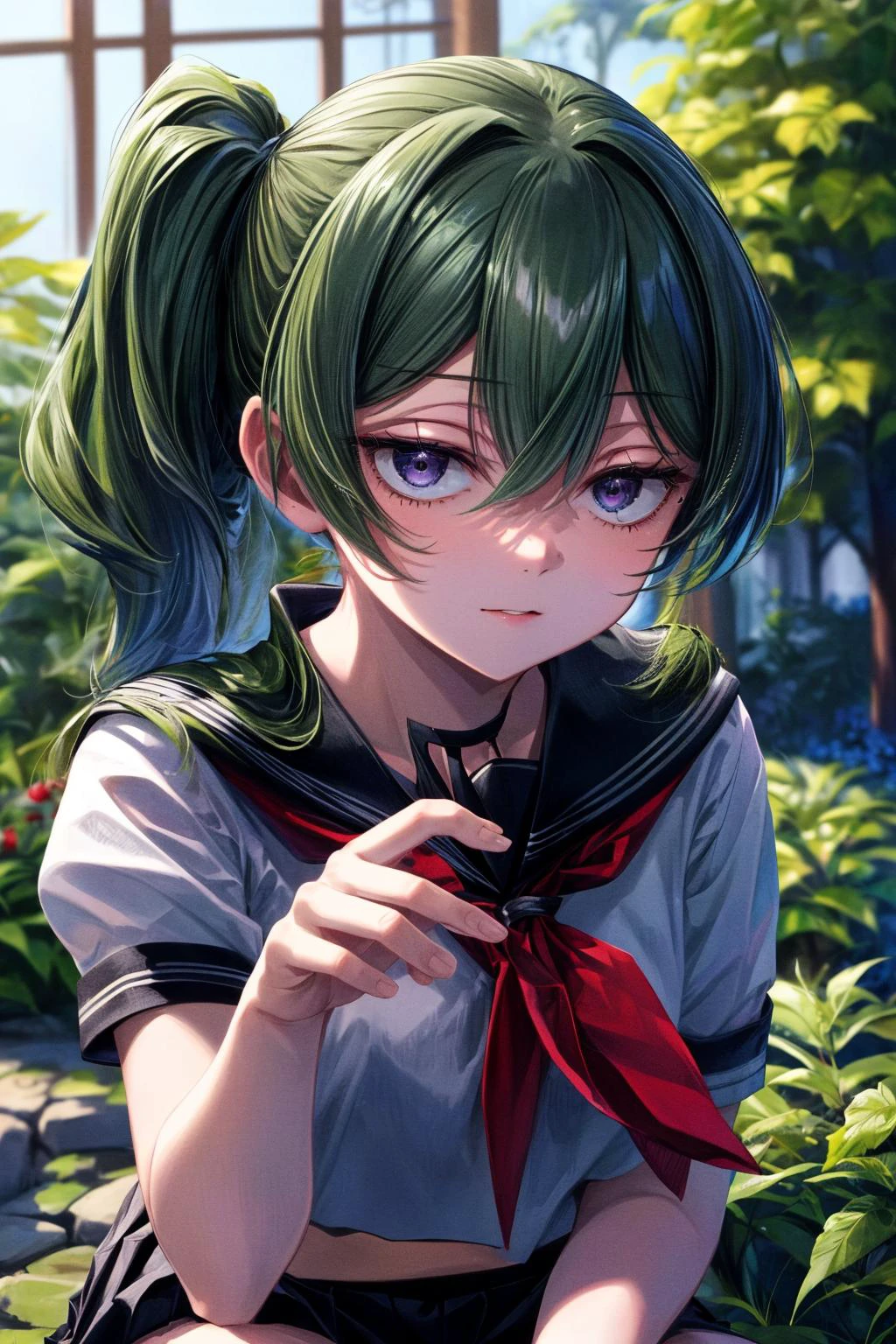 (masterpiece), best quality, (((ultra detailed, 8k quality))), expressive eyes, perfect face, perfect anatomy, perfect body, scene, <lora:scene_:0.7>, <lora:more_details:0.7>, <lora:beautiful_detailed_eyes:0.5>, <lora:give_it_a_name:0.7>, ubel, long hair, side ponytail,
, <lora:ubel_v1:1>, serafuku, white shirt, aiguillette, red neckerchief, blue skirt, short sleeves, garden, squat