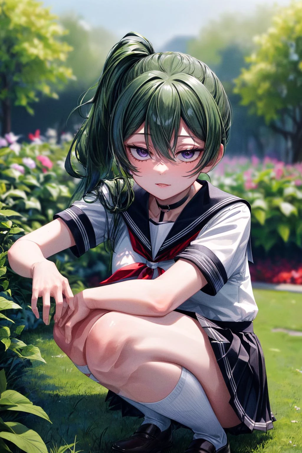 (masterpiece), best quality, (((ultra detailed, 8k quality))), expressive eyes, perfect face, perfect anatomy, perfect body, scene, <lora:scene_:0.7>, <lora:more_details:0.7>, <lora:beautiful_detailed_eyes:0.5>, <lora:give_it_a_name:0.7>, ubel, long hair, side ponytail,
, <lora:ubel_v1:1>, serafuku, white shirt, aiguillette, red neckerchief, blue skirt, short sleeves, garden, squat