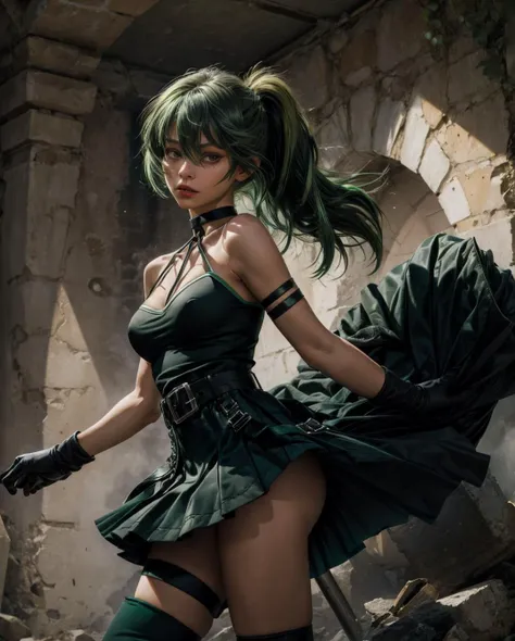 violet eyes,( green hair:1.5),(black clothes:1.5), latina, looking at viewer, angry, arrogant, ,ubel,long hair,side ponytail,hair between eyes,bangs,black choker,bare shoulders,cleavage,halterneck,black leather dress,sleeveless,arm strap,single glove,belt,black leather skirt,buckle,black belt,thigh strap,knee boots,black footwear, sexy, charming, inside dungeon, epic light, , fit <lora:weight_slider_v2:-0.5> <lora:Person_ubel_v1:0.8>, Masterpiece , RAW ,Photo, high resolution, photorealistic, realistic, intrinsic detail, film grain<lora:add_detail:0.7> <lora:skin_texture_v2:0.7> <lora:perfect hands_1_5:0.7>